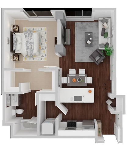 Floor plan for 1 bed, 1 bath, 671 sqft